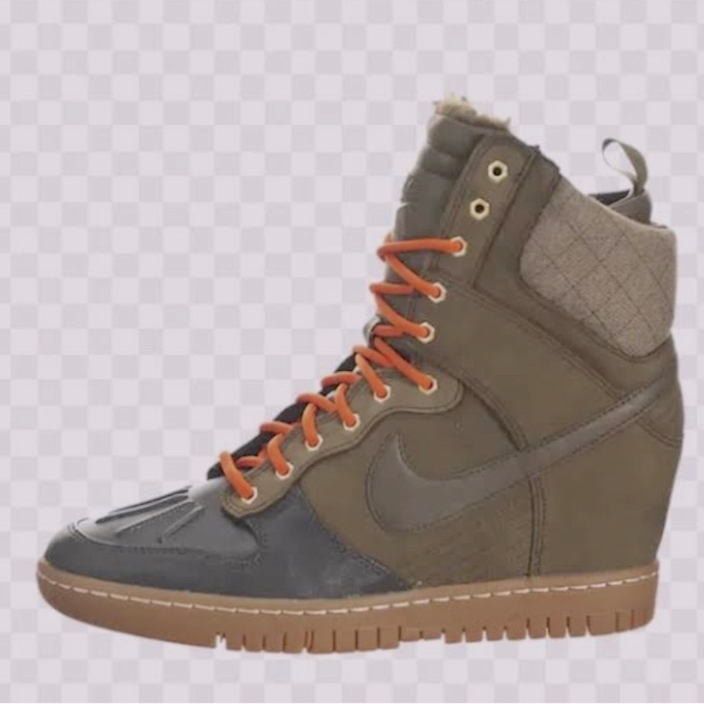 Nike Women's High-Top Wedge Sneakers - Army Green With Orange Laces.